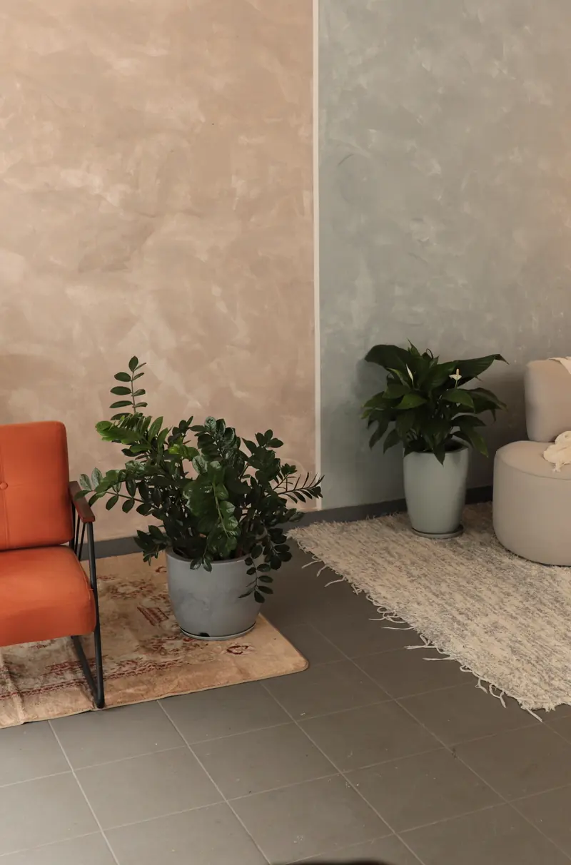 Studio Criativo reformado, com poltrona laranja, sofá orgânico, plantas e parede marmorizada